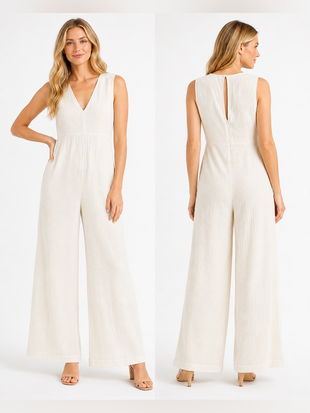 Urban Outfitters Cream Sleeveless Wide-Leg Jumpsuit